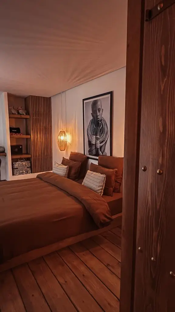 High-end bedroom decor in a quiet riad suite, ensuring a restful and romantic night for couples